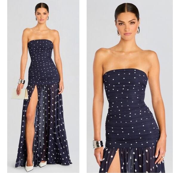 Retrofete Annalise Strapless Polkadot Ruched Navy Blue Maxi Dress Size XS - Picture 2 of 14